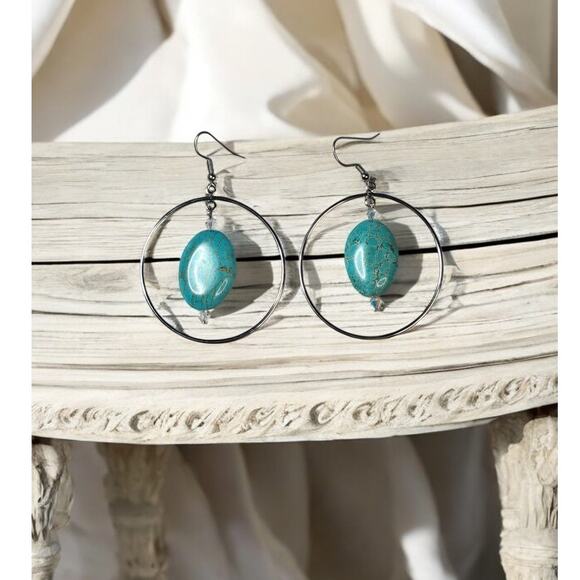 Beautiful Turquoise Blue Stone Drop Dangle Earrings - Picture 4 of 4